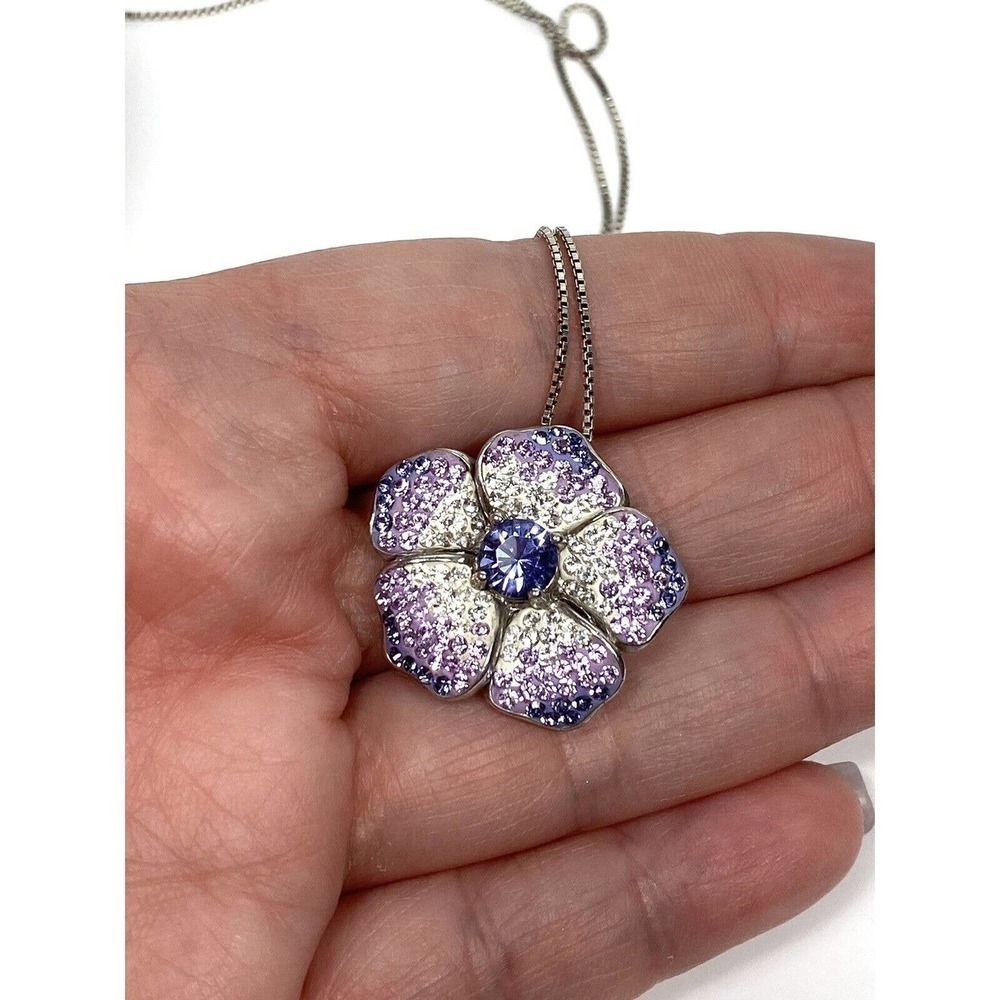 925 Italy AU HDS Necklace Flower Pendant Austrian Crystals 18” Sterling Silver